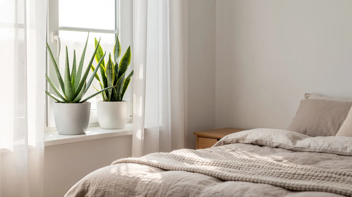 Na jasnym parapecie obok łóżka znajdują się rośliny doniczkowe, takie jak aloes i sansewieria, które poprawiają jakość powietrza, produkują tlen oraz zwiększają wilgotność powietrza w sypialni. Te niektóre rośliny są doskonałym wyborem do sypialni, ponieważ przyczyniają się do relaksującej atmosfery i poprawy jakości snu.