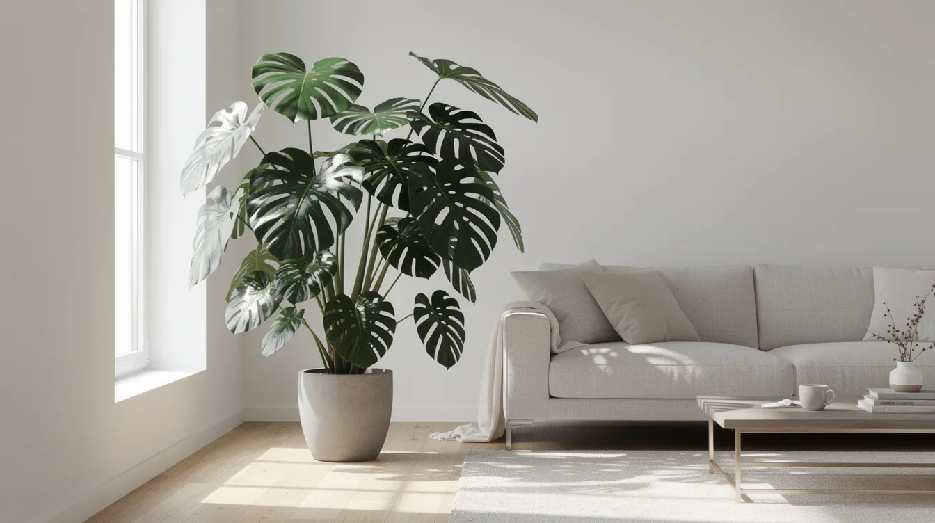 W jasnym salonie przy oknie stoi duża monstera deliciosa, charakteryzująca się błyszczącymi, mięsistymi liśćmi w kształcie serca. To elegancka roślina doniczkowa, łatwa w uprawie, idealna do dekoracji wnętrz, która dobrze rośnie w słonecznym miejscu.