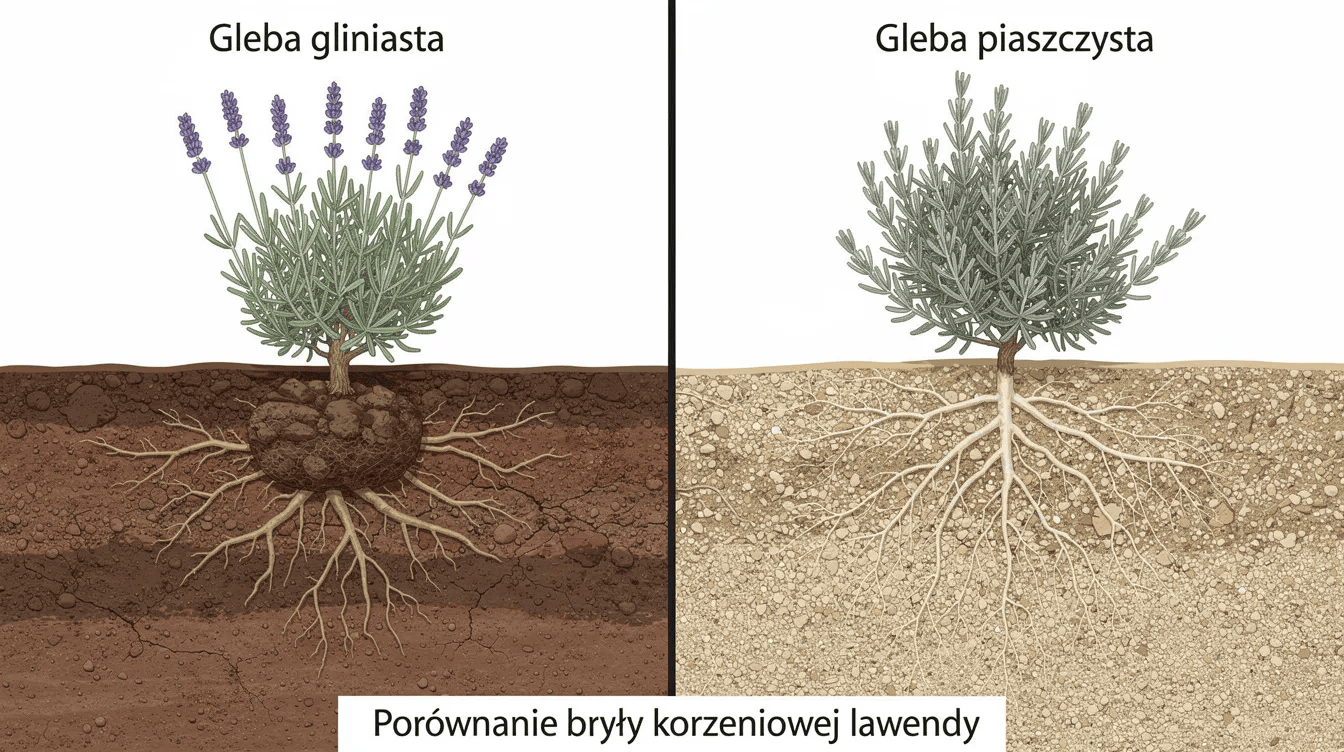 Na zdjęciu porównano bryłę korzeniową lawendy wąskolistnej w glebie gliniastej i piaszczystej, ukazując wyraźne różnice w kondycji korzeni. Widać, że korzenie lawendy w glebie piaszczystej są zdrowsze i bardziej rozwinięte, co sugeruje, że odpowiednia ziemia do lawendy ma kluczowe znaczenie w uprawie tej rośliny.