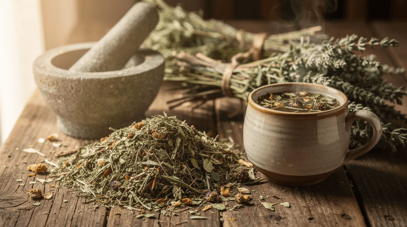Na drewnianym blacie rozłożone są suszone zioła, w tym bylica boże drzewko, obok moździerza oraz filiżanek z aromatycznym naparem ziołowym, otoczone naturalnym światłem. W tle widać wiązki świeżych gałązek, które dodają całości przyjemnego zapachu.