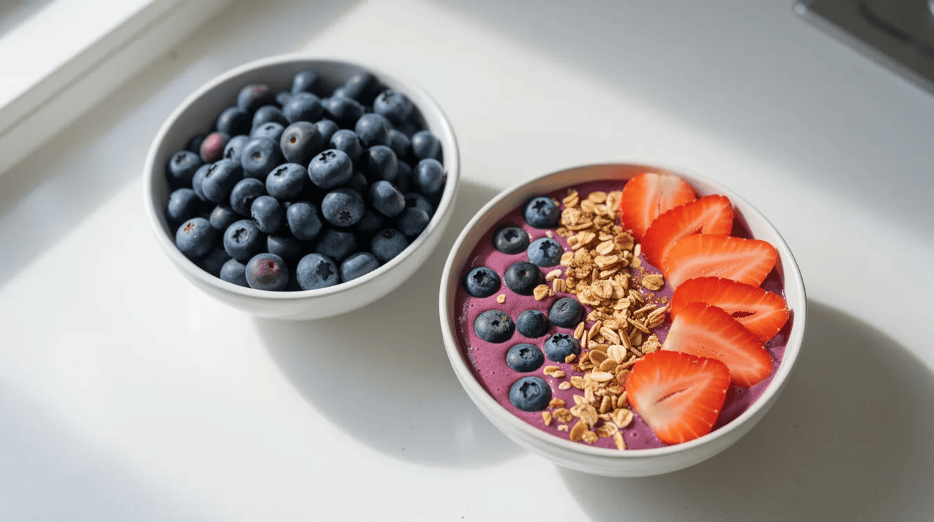 Na jasnym kuchennym blacie znajduje się miska świeżych borówek amerykańskich obok smoothie bowl z owocami i granolą, które zachęcają do zdrowego odżywiania. Borówki amerykańskie, znane ze swoich właściwości odżywczych, są idealnym dodatkiem do takich potraw.