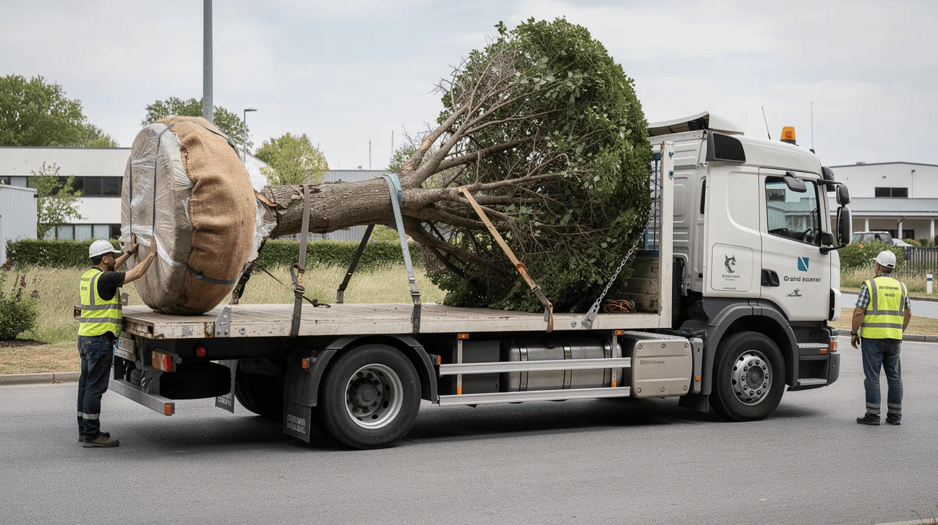 Na zdjęciu widoczny jest profesjonalny transport dużego drzewa na platformie samochodu dostawczego, z zabezpieczoną bryłą korzeniową. Drzewo ma gęste, ciemnozielone liście, co sugeruje jego zdrowy stan, a transport odbywa się wczesną wiosną, co jest idealnym czasem na przesadzanie roślin.