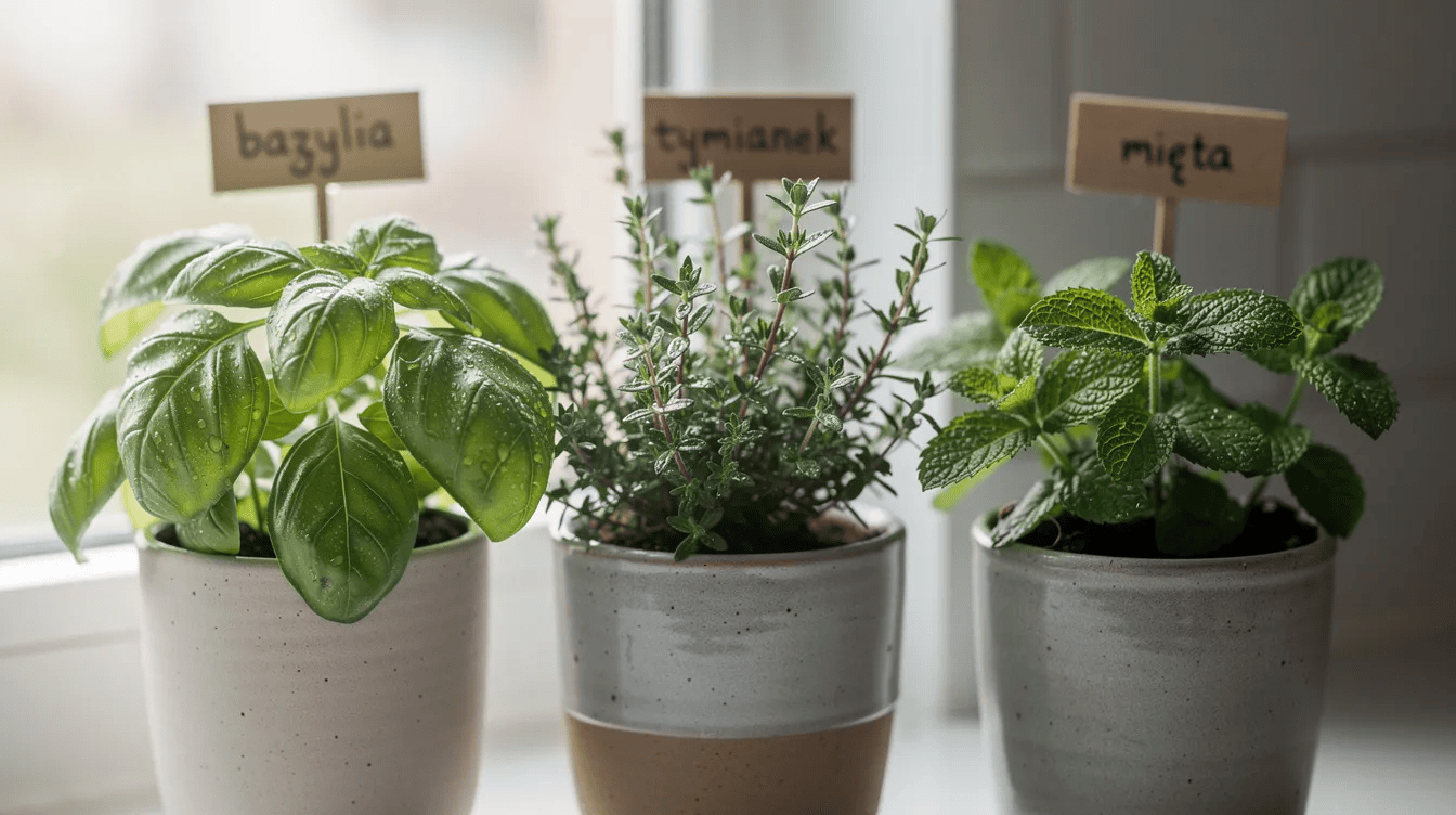 Zbliżenie na aromatyczne liście bazylii, tymianku i mięty pieprzowej rosnące w ceramicznych doniczkach, idealnych do domowego zielnika. Te świeże zioła, które warto sadzić w kuchennym parapecie, dodają wyrazistego smaku potrawom i przyciągają pszczoły.