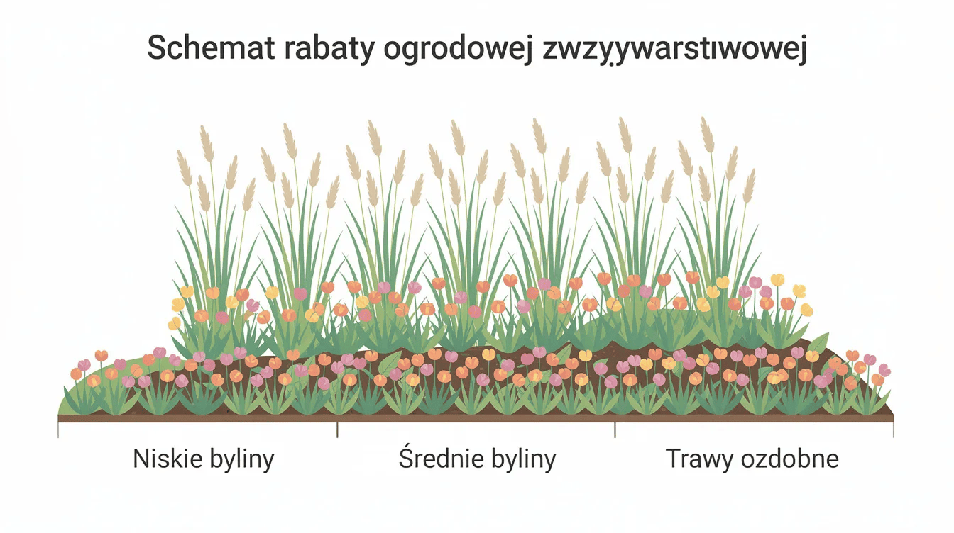 Schematyczny widok trzywarstwowej rabaty ogrodowej przedstawia niskie byliny ogrodowe z przodu, średnie rośliny w środku oraz trawy ozdobne z tyłu, tworząc harmonijną kompozycję, która może być ozdobą każdego ogrodu przez cały sezon. W rabacie można dostrzec różne odmiany kwiatów, które przyciągają motyle i pszczoły, dodając niepowtarzalnego uroku przestrzeni.