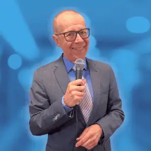 Grå dress mikrofon neon blå bakgrunn