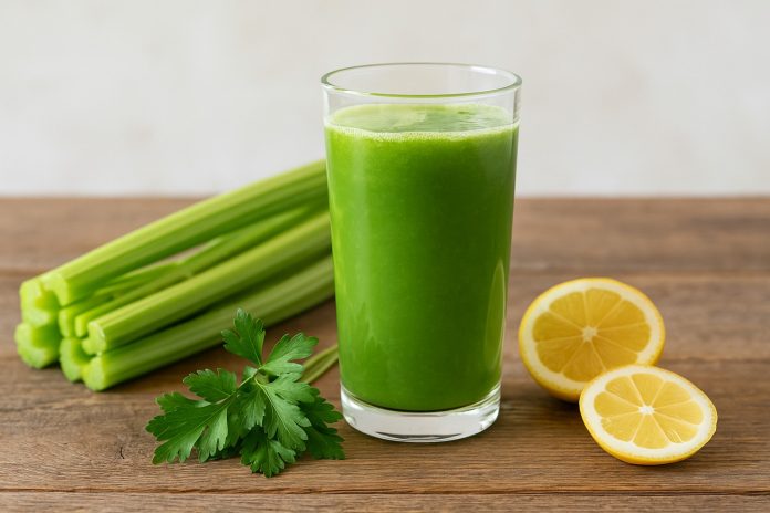suc-telina-ficat.jpg Pahar cu suc verde de țelină, lămâie și pătrunjel pe masă rustică, alături de ingrediente proaspete