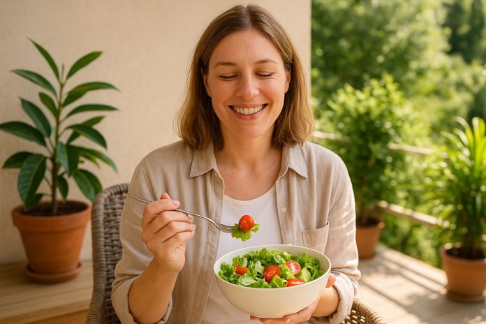 balonare-abdomen-plat-sfaturi.jpg Femeie zâmbitoare savurând o salată proaspătă, simbol al alimentației sănătoase pentru reducerea balonării.