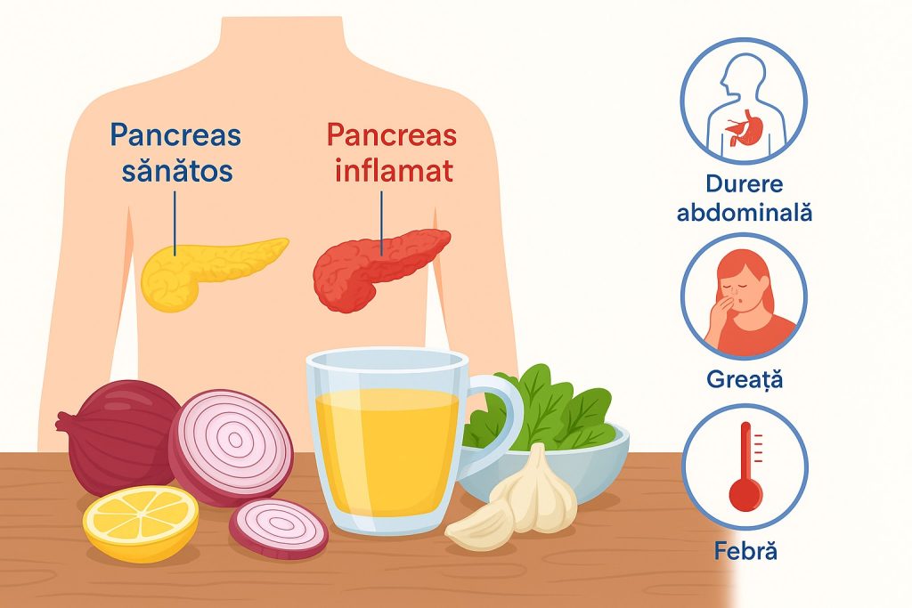 Diagramă medicală comparativă: pancreas sănătos vs inflamat, cu simboluri pentru simptomele principale ale pancreatitei.