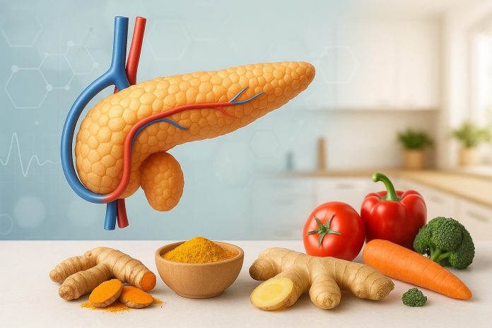 pancreas-sanatos-nutritie-natural Ilustrație a pancreasului în context medical, însoțită de legume și condimente naturale folosite pentru susținerea sănătății pancreatice.