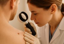Dermatolog examinând o aluniță suspectă pe pielea unui pacient