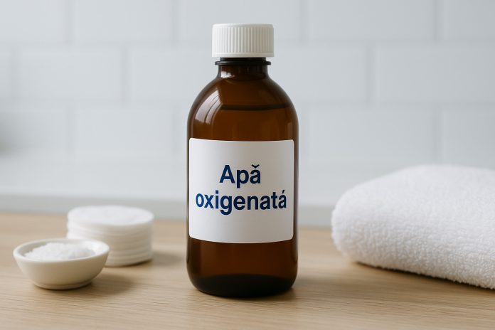 Sticlă de apă oxigenată pe o masă curată, simbol al igienei și curățeniei naturale