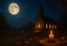 biserică luminată de lună plină și lumânare aprinsă, simbol al nopții Sfântului Dumitru