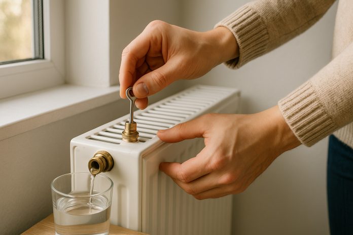 Persoană care aerisește un calorifer alb pentru o încălzire eficientă în sezonul rece