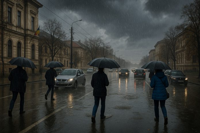 Stradă inundată în timpul unei ploi torențiale, sub avertizare cod roșu