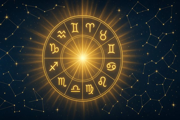 Zodiac auriu pe fundal cosmic albastru, simbolizând noroc și belșug