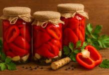 Borcane cu gogoșari în oțet, fără fierbere, pe o masă rustică