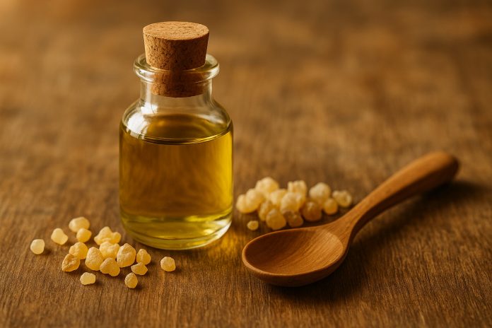 Recipient cu ulei de măsline și boabe de tămâie naturală pe o masă de lemn, simbol al rețetei Părintelui Casian