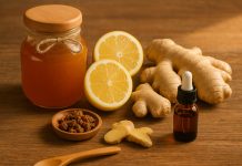 Capsule naturale, lămâi, ghimbir, propolis și flacon de ulei esențial așezate pe o masă de lemn, simbol al remediilor naturiste antivirale