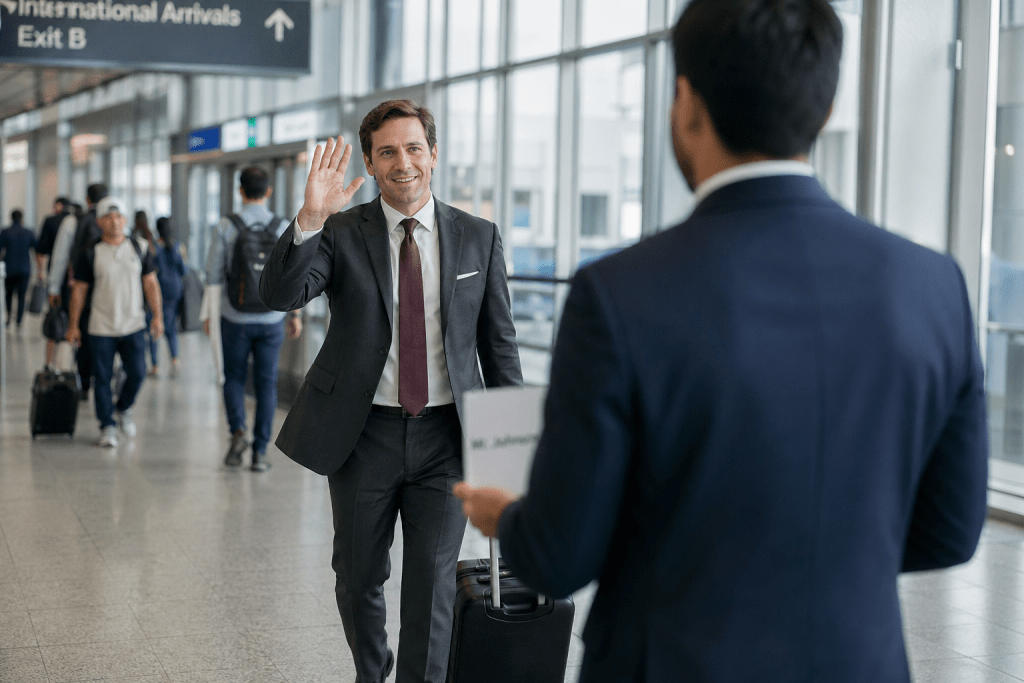 Illustrative arriving business traveler approaching a chauffeur holding a name sign inside an airport terminal