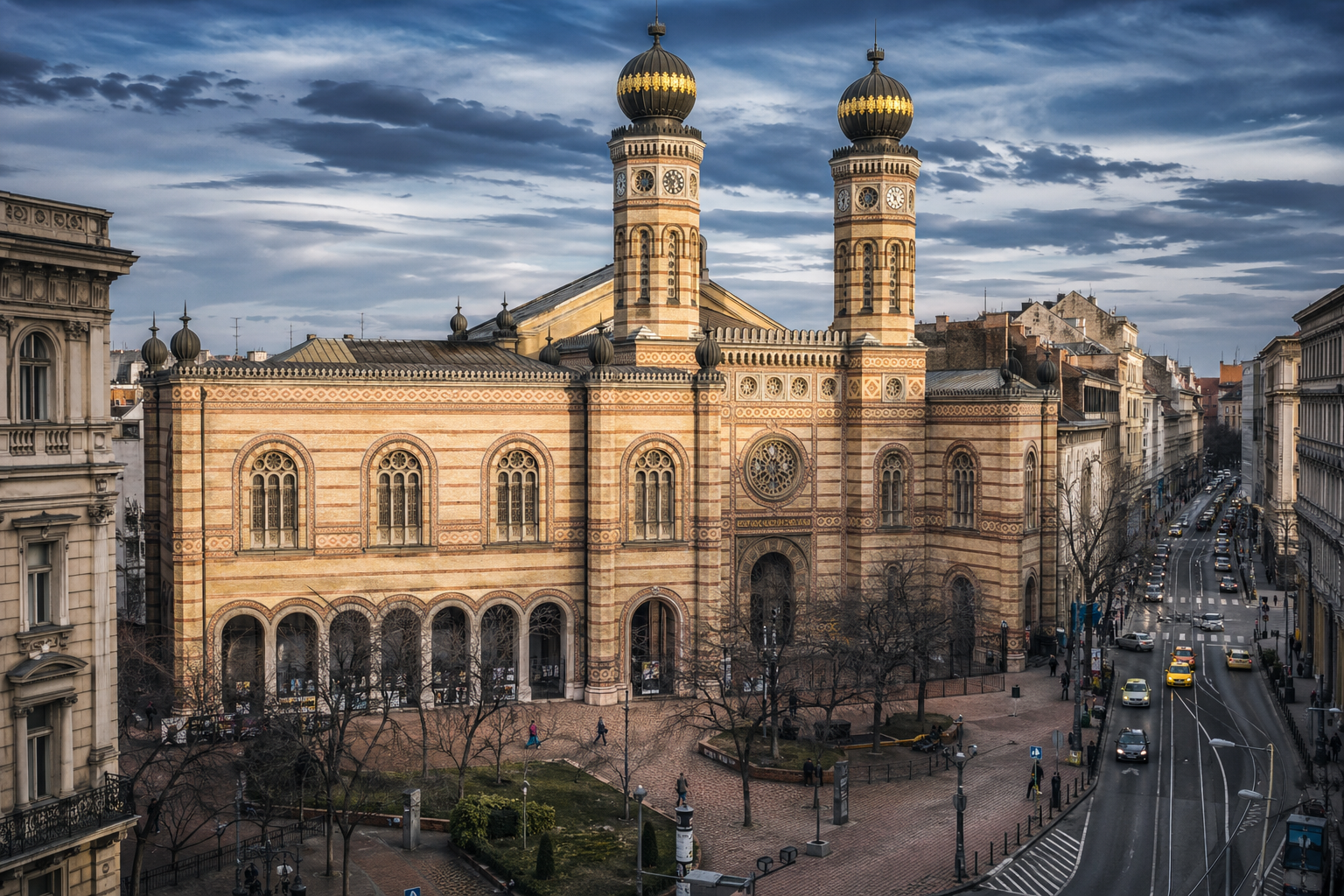 The grand façade of the Dohány Street Synagogue in Budapest