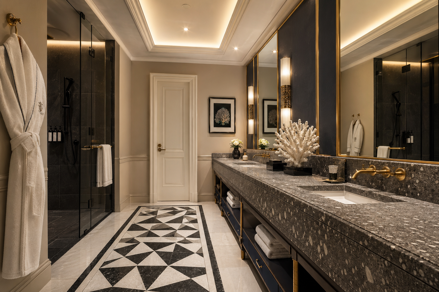 Marble luxury hotel bathroom with walk-in shower and double vanity