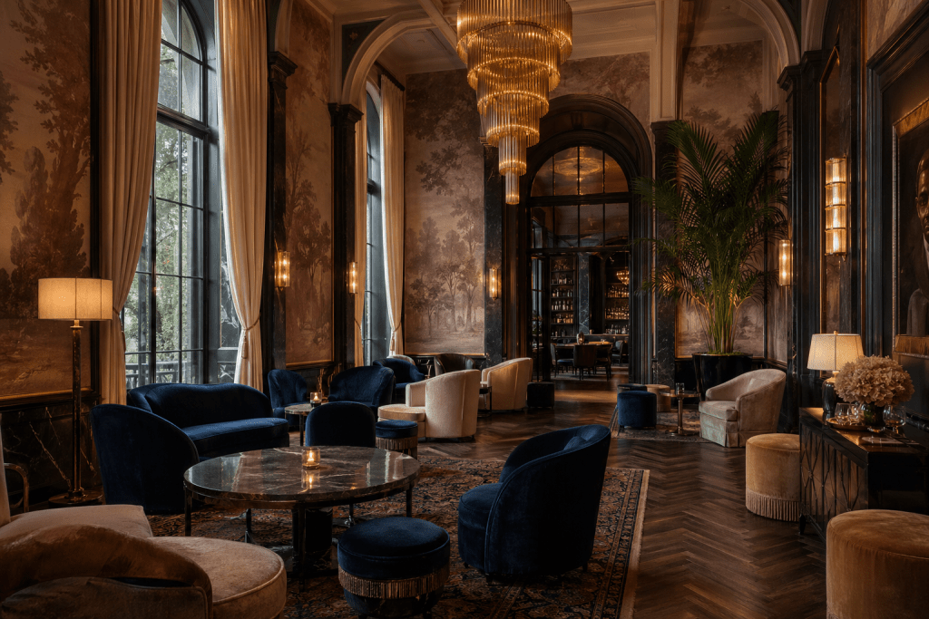 Illustrative luxury hotel lounge with blue velvet seating, marble tables, murals, and chandeliers