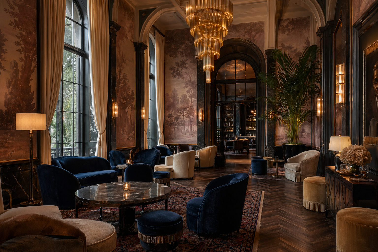 Elegant luxury hotel lounge with blue seating and chandelier lighting