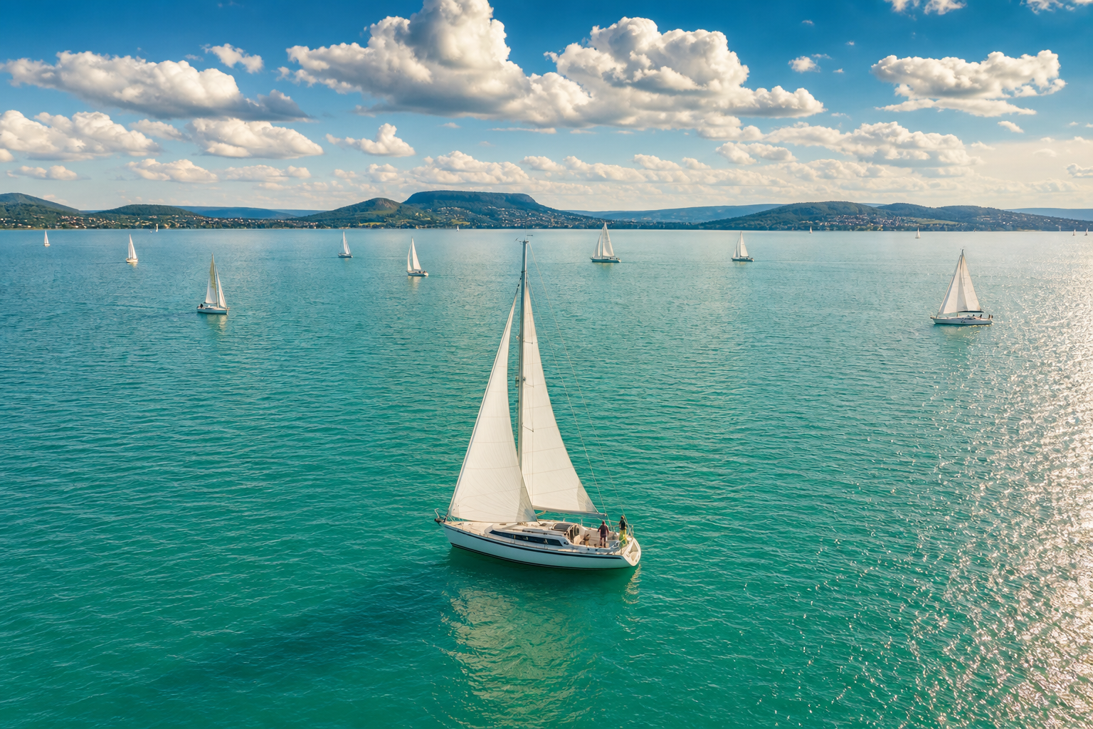 Lake Balaton shoreline at golden hour with sailboats and distant hills