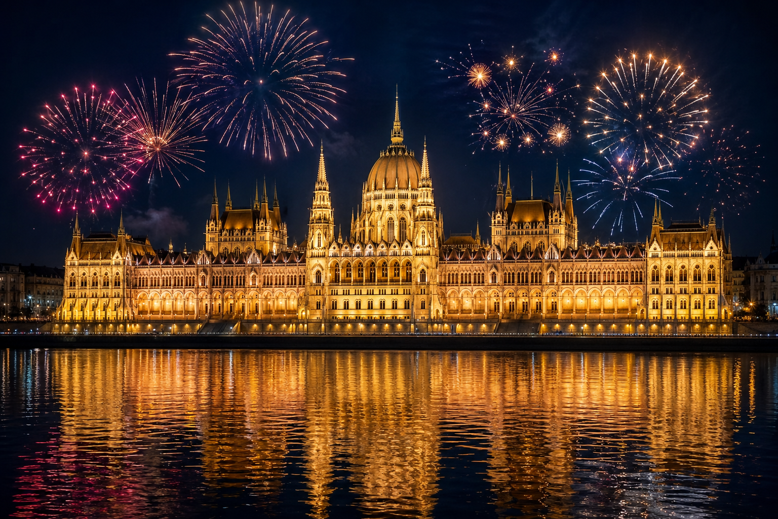 Budapest Hungarian Parliament Building illuminated at night with colorful fireworks reflecting on the Danube River