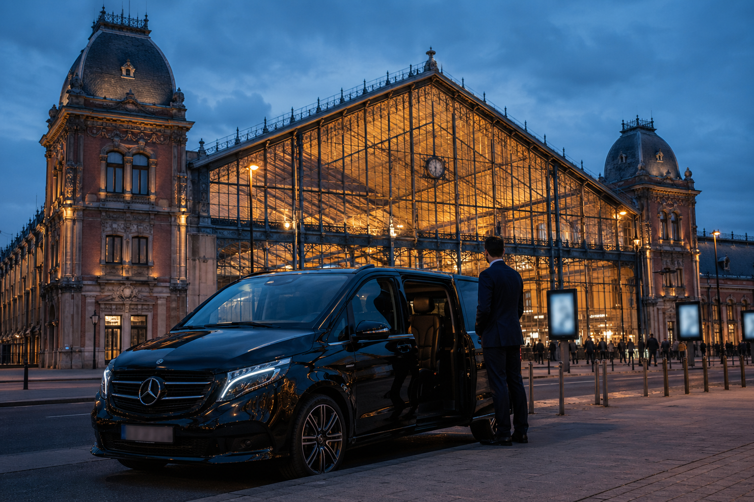 Ready for boarding outside a landmark Budapest building — Mercedes-Benz V-Class.