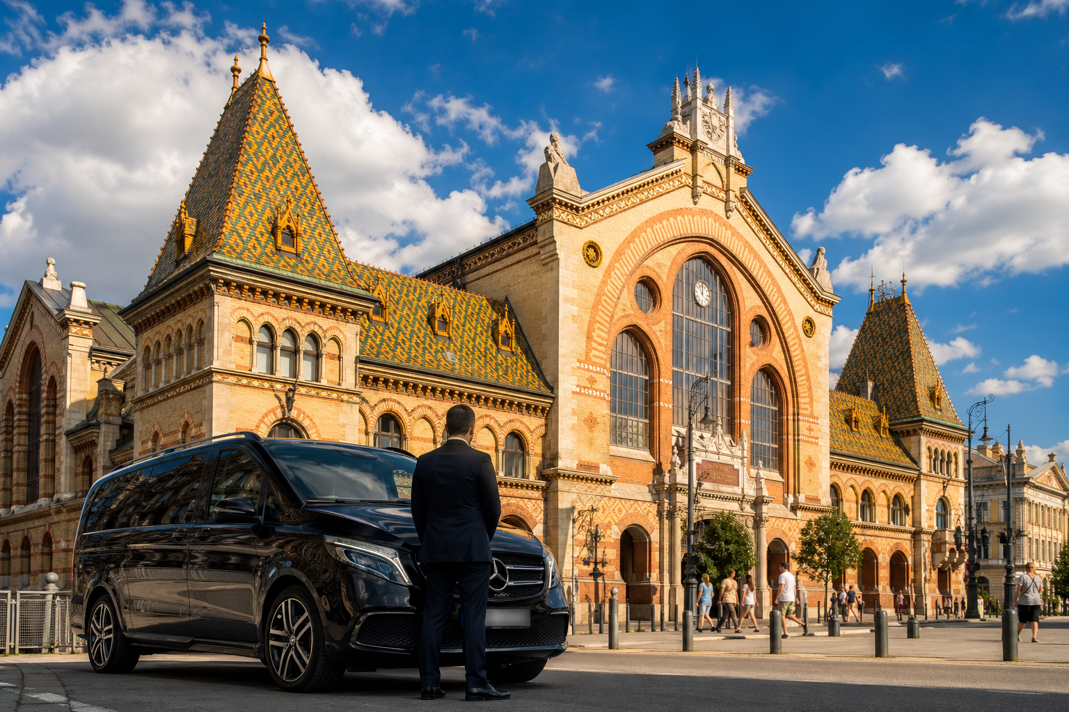 A Mercedes-Benz V-Class waiting at Budapest's Great Market Hall.