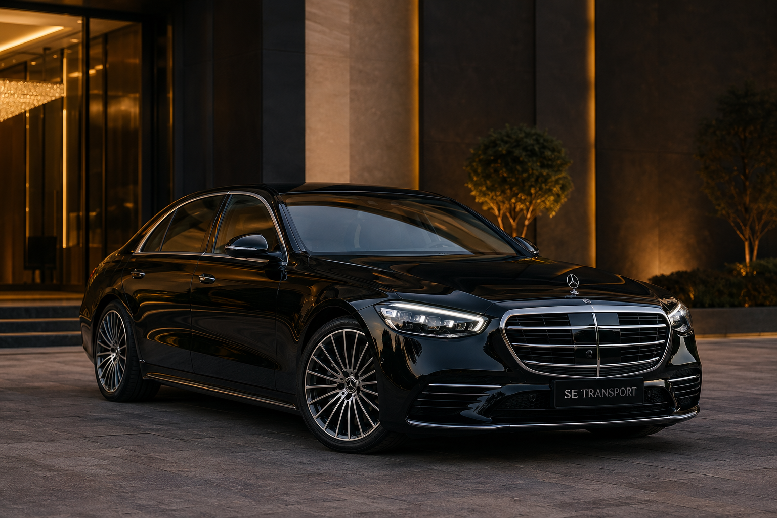 Arriving in style — a Mercedes-Benz S-Class at a Budapest hotel at dusk.