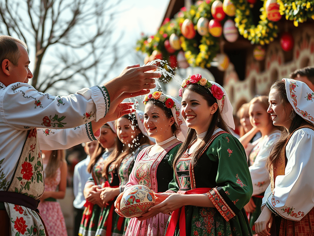 Traditional Easter sprinkling (locsolkodás) in Hollókő