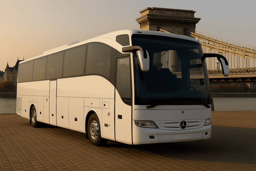 Mercedes coach arranged for coordinated corporate group transportation in Budapest