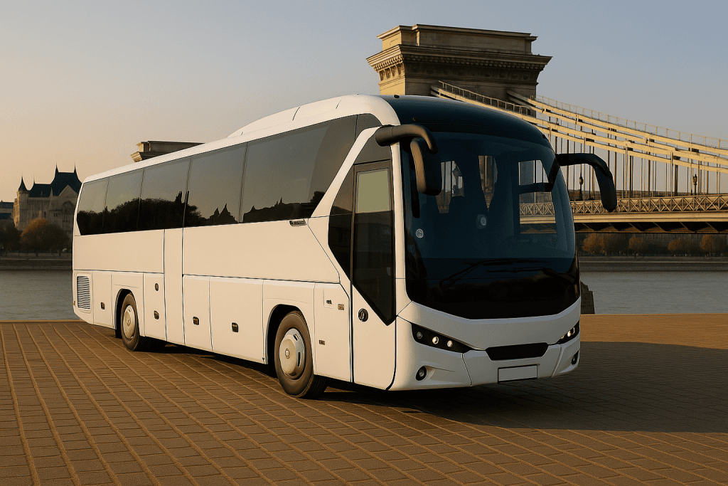 A modern white bus parked by the riverside, with the iconic chain bridge in the background. The setting sun casts a warm glow, highlighting the bus's sleek design.