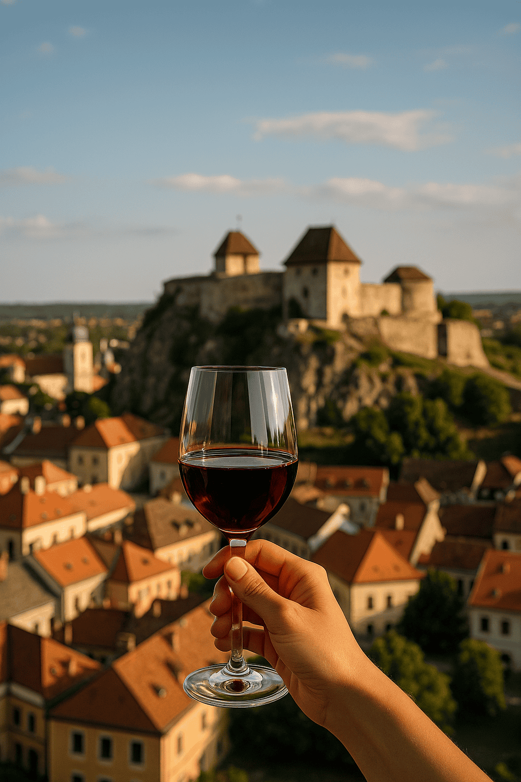 Hand holding red wine glass overlooking Eger castle and historic town, Hungary luxury travel