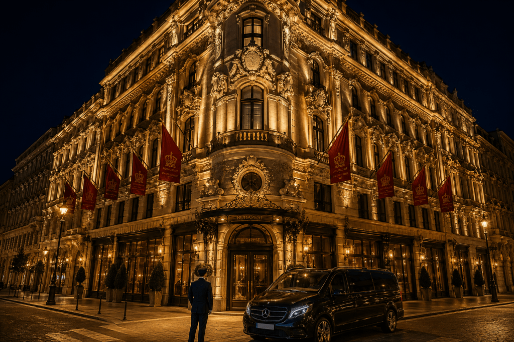 Illustrative illuminated Budapest palace hotel exterior at night with a black chauffeur vehicle near the entrance
