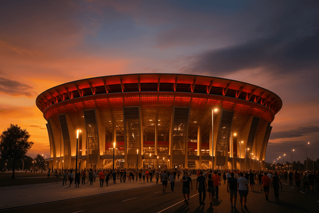 The Puskás Arena in Budapest illuminated at dusk, filled with fans departing after an event.
