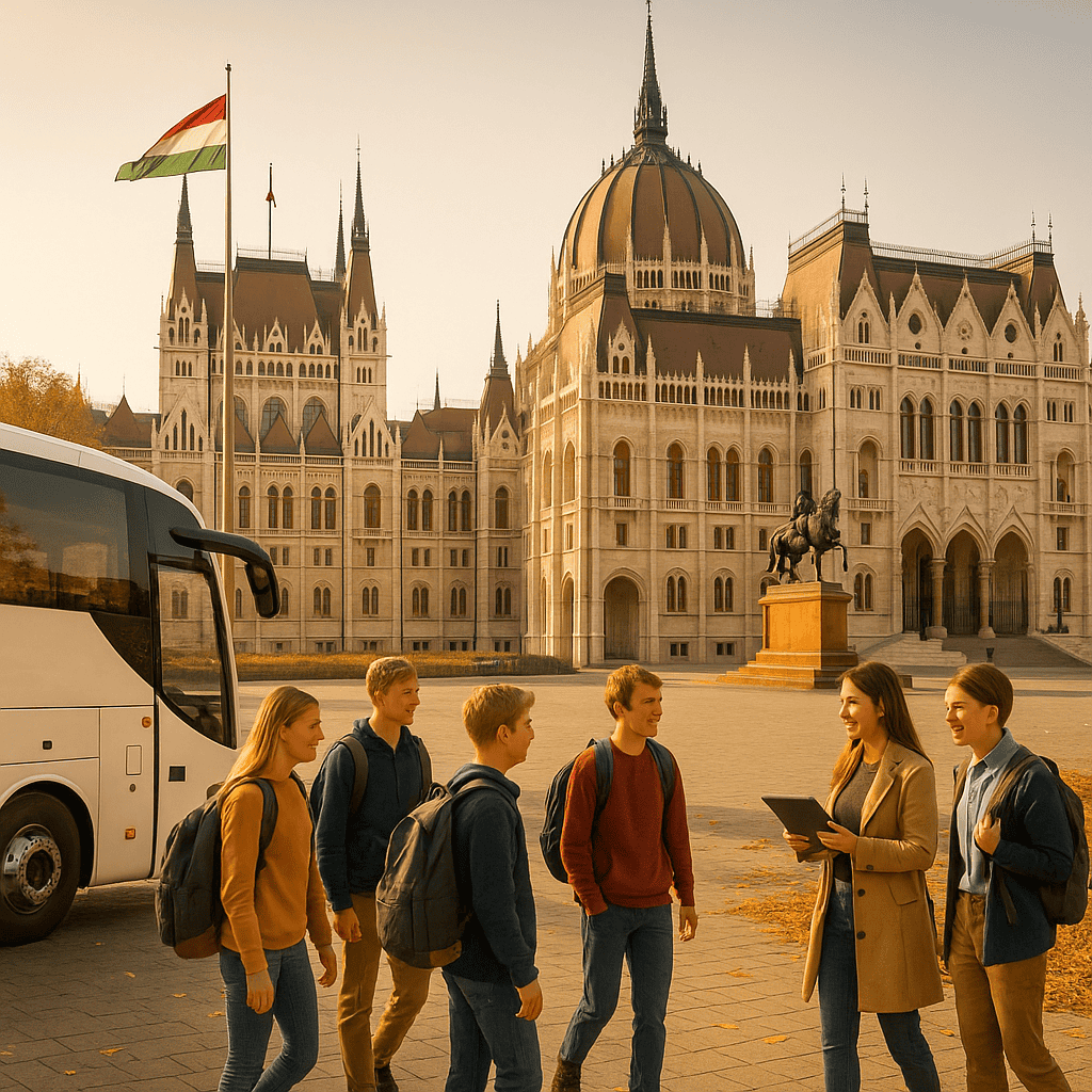 Autumn school trip at Kossuth Lajos Square, Budapest — students arriving by coach in front of the Hungarian Parliament Building
