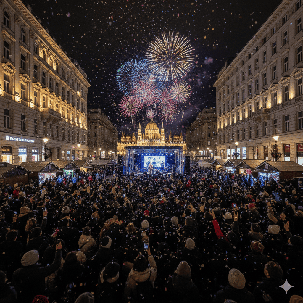 Budapest New Year's Eve celebration with fireworks over Parliament Building and massive crowd gather