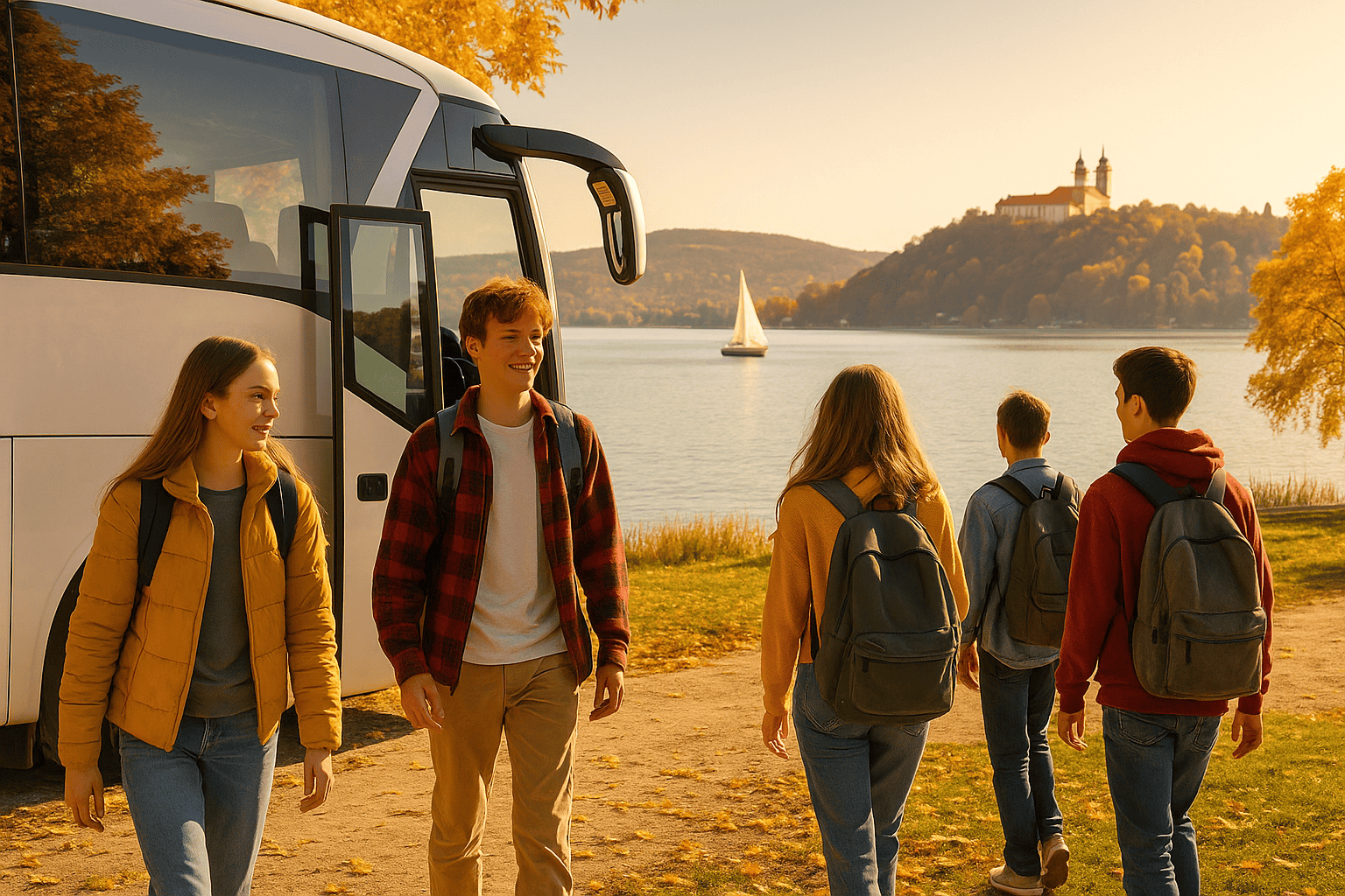 Students arriving by coach at Lake Balaton in autumn, Tihany Abbey in the background, Hungary
