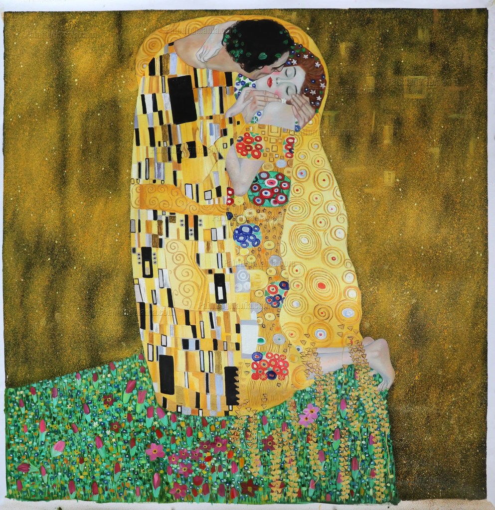 A close-up of Gustav Klimt's famous painting 'The Kiss,' depicting an intimate embrace between two figures surrounded by a shimmering golden background and intricate decorative patterns.