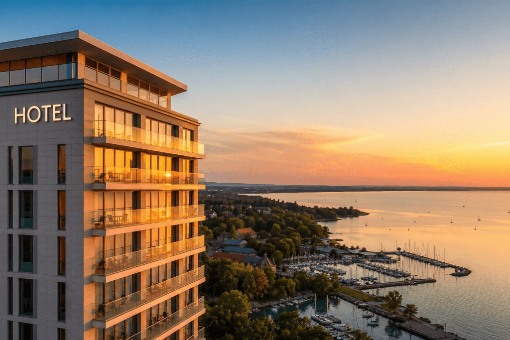 Lake Balaton at sunset, with a marina and modern hotel beside the calm water