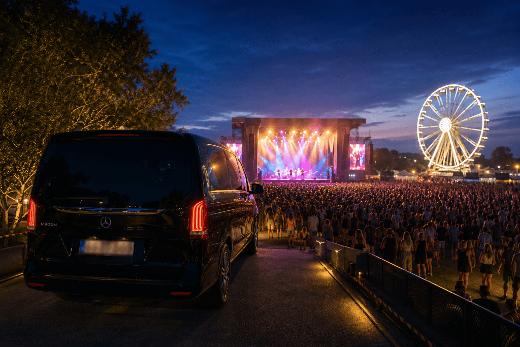 Black Mercedes-Benz V-Class overlooking an illuminated outdoor music festival and Ferris wheel at night