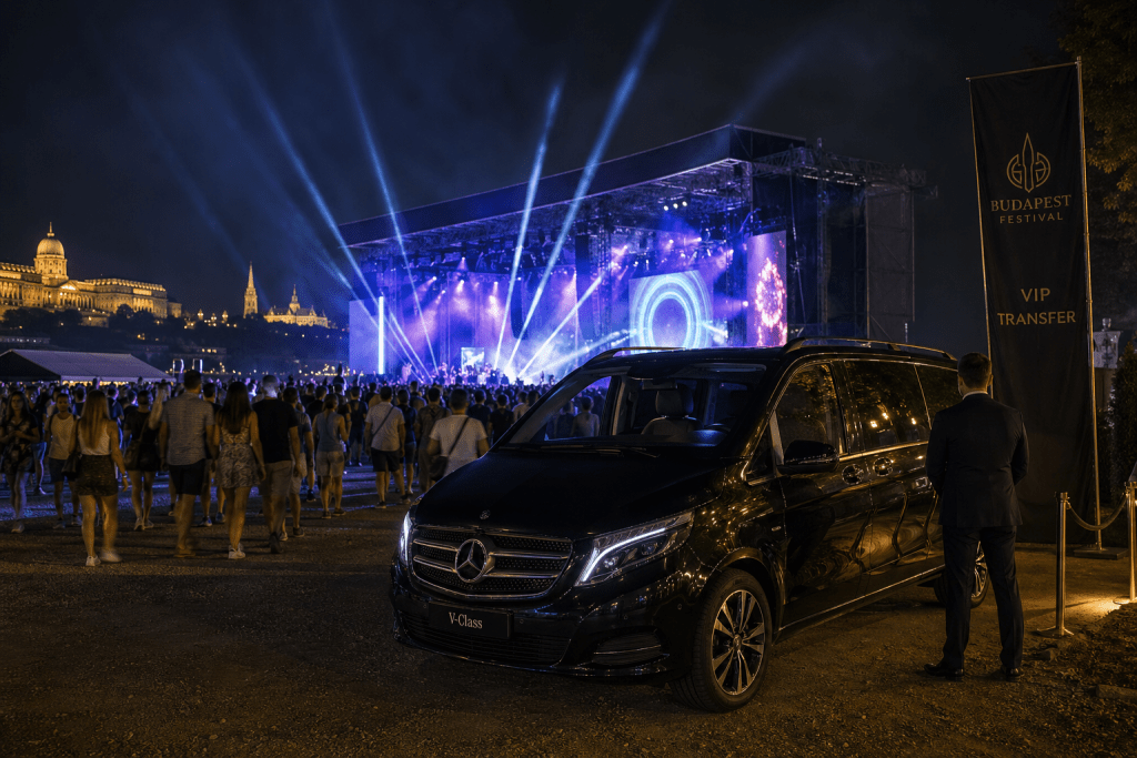 Illustrative premium private transfer near a brightly lit Budapest festival at night