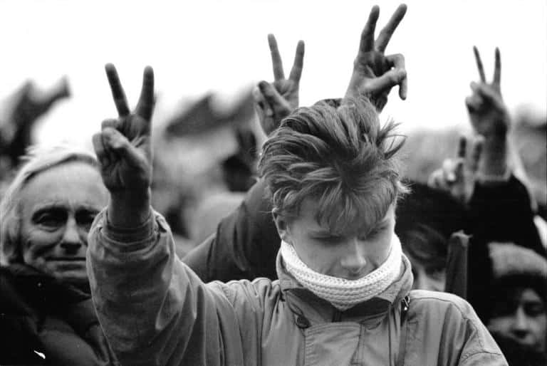 Peaceful protesters with candles, Prague 1989