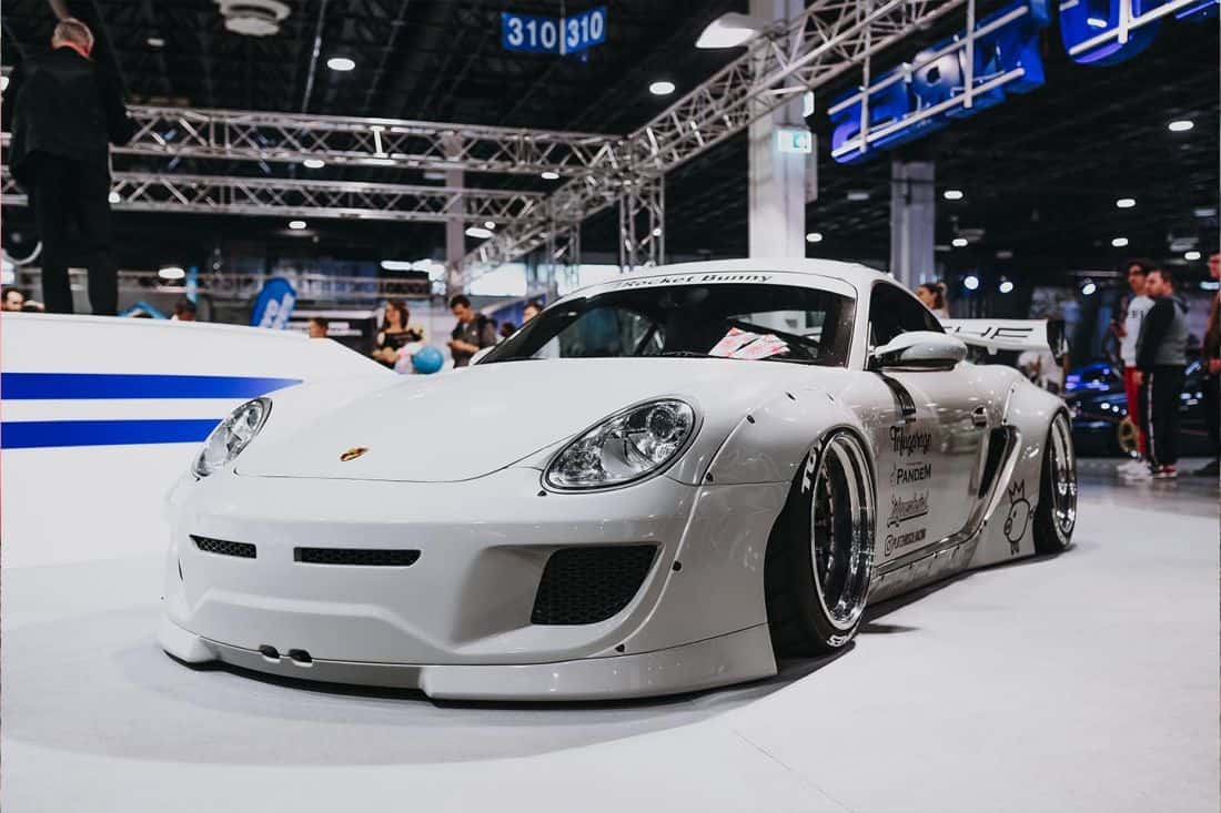 Luxury sports car at an auto show in Budapest.