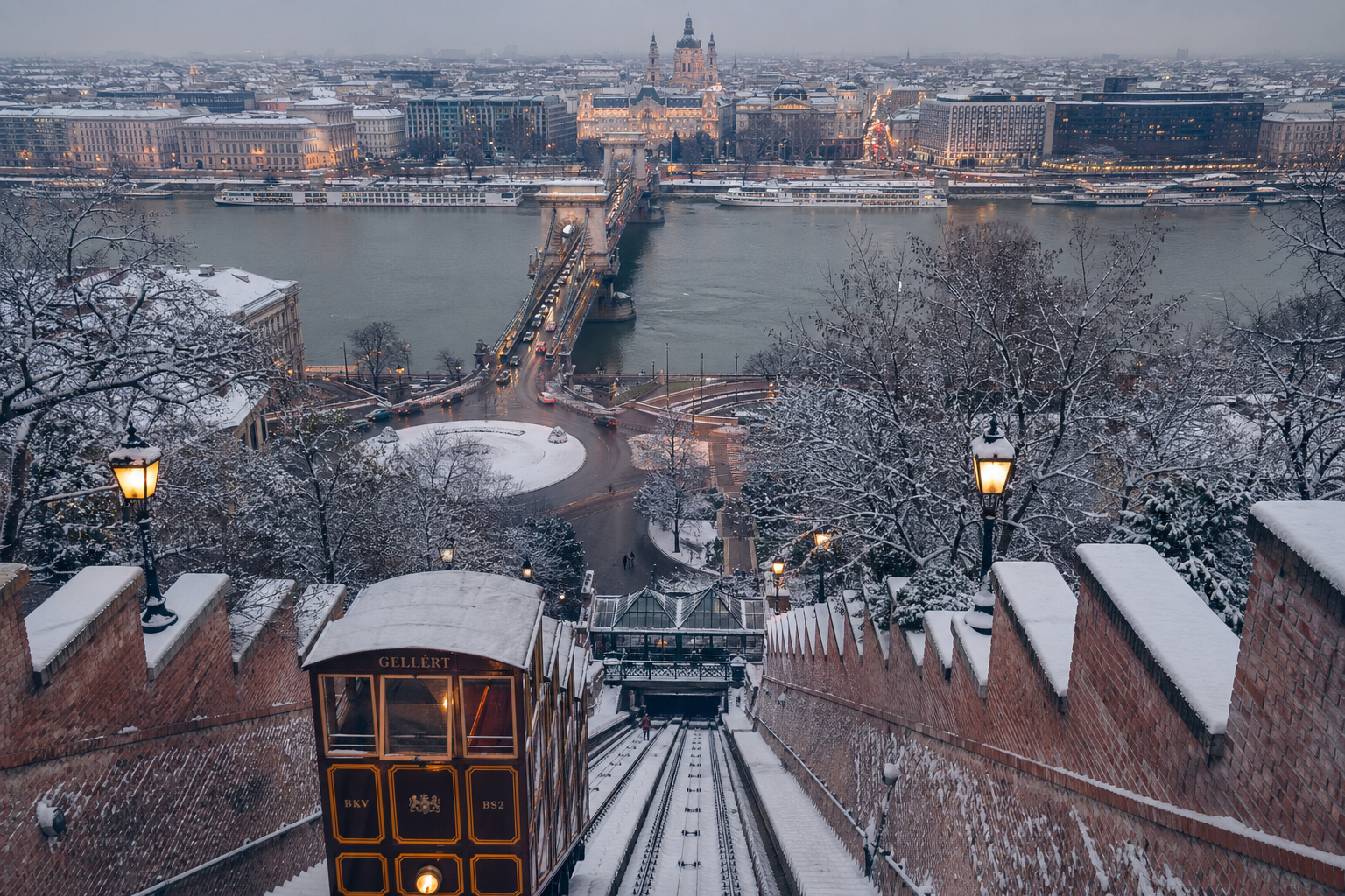 Budapest winter: Chain Bridge transportation