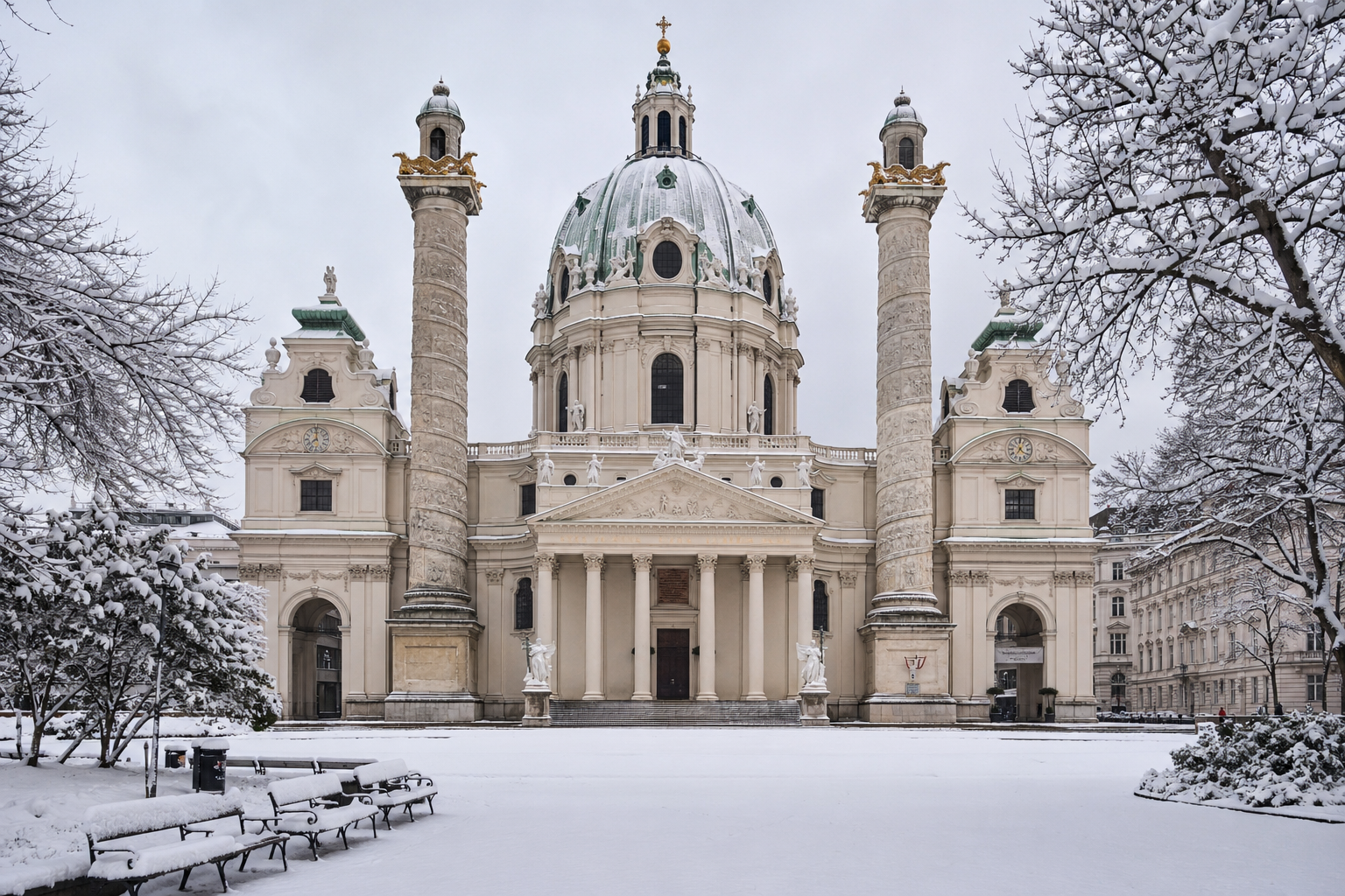 Budapest winter: St. Charles Church snow