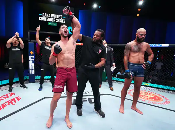 Mixed martial arts fighters celebrating victory in the octagon.